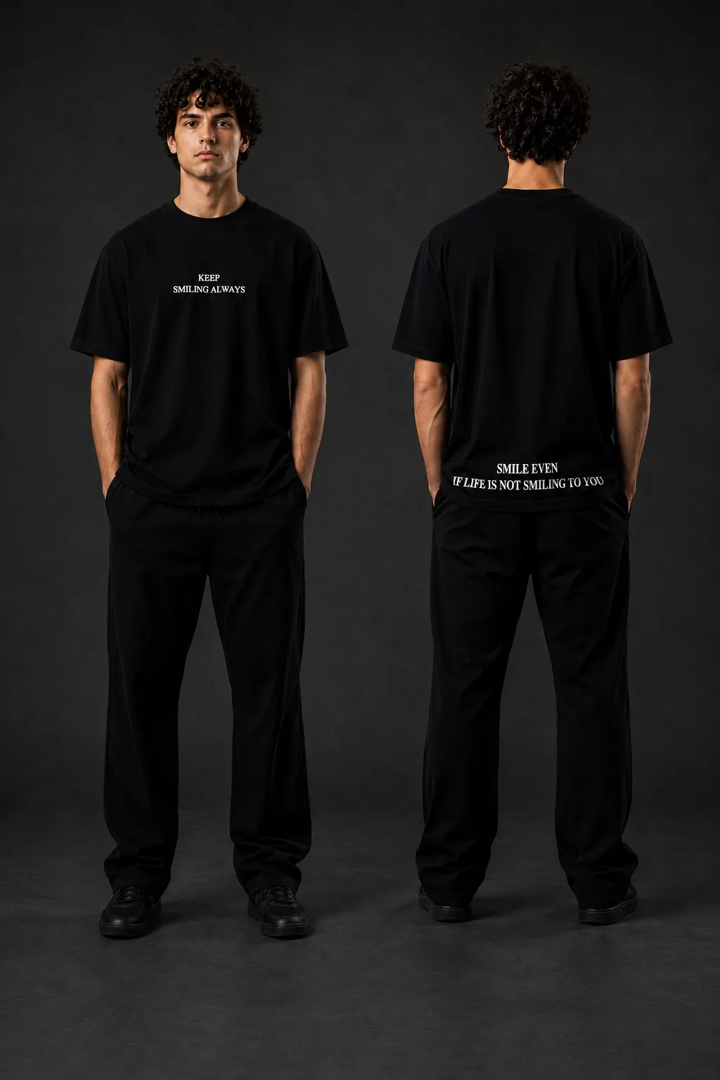 Smile Always Tshirt in Black — model view