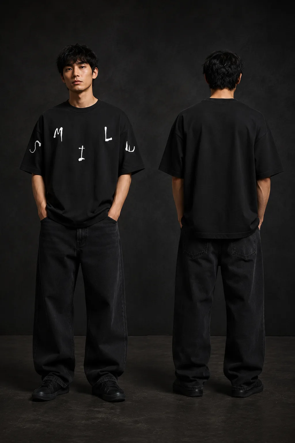 Smile Tshirt باللون الأسود — معروض على عارض
